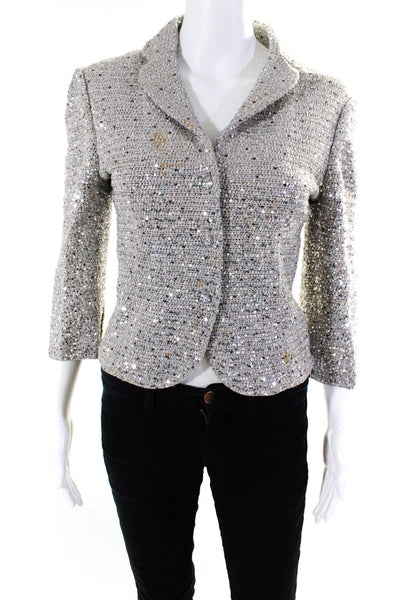 Iisli Womens Woven Sequined Button Down Jacket Gray Cotton Size 6