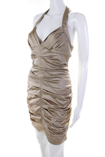BCBGMAXAZRIA Women's Ruched Halter Neck Mini Dress Beige Size 4