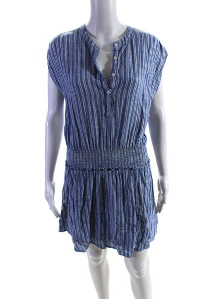 Rails Womens Linen Sleeveless Ruched Angelina Cascade Striped Dress Blue Size M