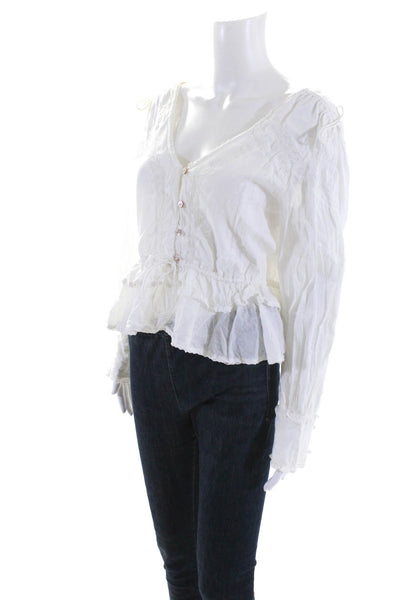 Maurie & Eve Womens Cotton Long Sleeve Ruffled Hem Button Up Top White Size 12