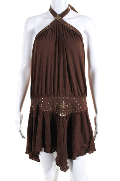 BCBGMAXAZRIA Women's Halter Neck Embellished Mini Dress Brown Size M