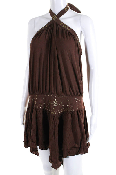 BCBGMAXAZRIA Women's Halter Neck Embellished Mini Dress Brown Size M