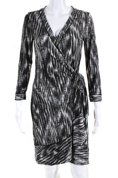 BCBGMAXAZRIA Women's Printed 3/4 Sleeve V Neck Wrap Dress Black Gray Size S