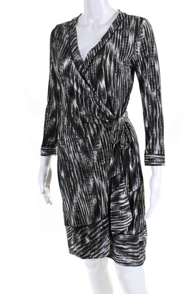 BCBGMAXAZRIA Women's Printed 3/4 Sleeve V Neck Wrap Dress Black Gray Size S