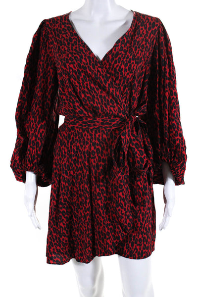 IRO Womens Leopard Print Long Sleeve V-Neck Knee Length Wrap Dress Red Size 38