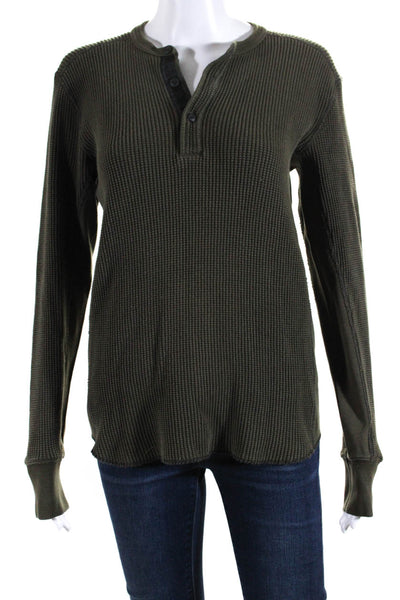 Rag & Bone Womens Cotton Waffle Knit Long Sleeve Crewneck Shirt Olive Size M