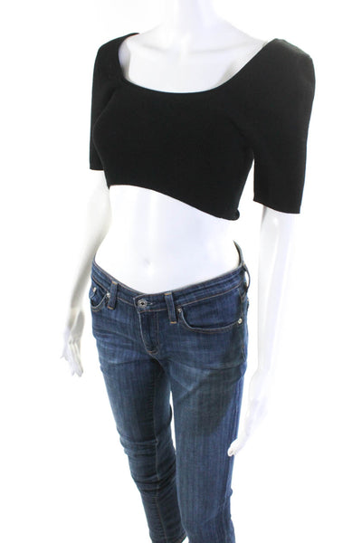Jacquemus Womens Black Ribbed Scoop Neck Cropped Short Sleeve Blouse Top Size 36