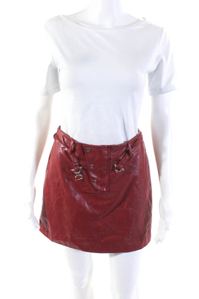 Saunders Womens Lined Vegan Leather Belted Button Up Mini Skirt Red Size 2