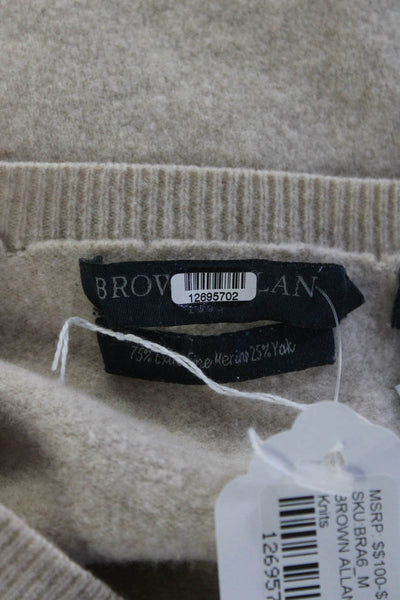 Brown Allan Womens Wool Blend Knit V-Neck Pullover Sweater Top Beige Size M