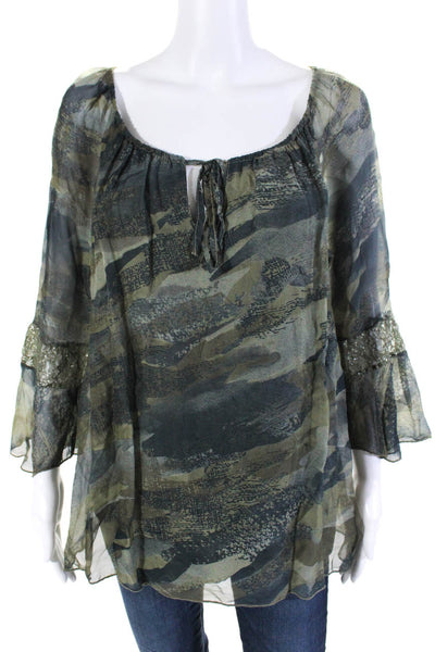 M&G Womens Green Printed Lace Trim Scoop Neck Long Sleeve Blouse Top Size S/M