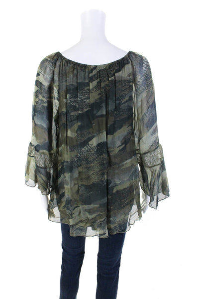 M&G Womens Green Printed Lace Trim Scoop Neck Long Sleeve Blouse Top Size S/M