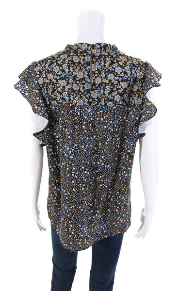H By Halston Womens Woven Floral Short Ruffled Cap Sleeve Blouse Black Size M