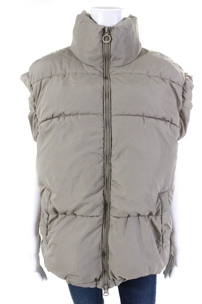 NOIZE Women Two Pocket High Neck Sleeveless Zip Up Puffer Vest Taupe Size M