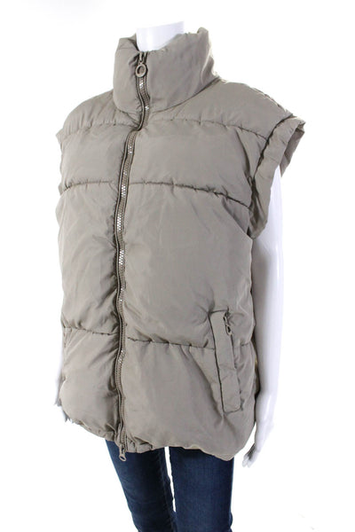 NOIZE Women Two Pocket High Neck Sleeveless Zip Up Puffer Vest Taupe Size M