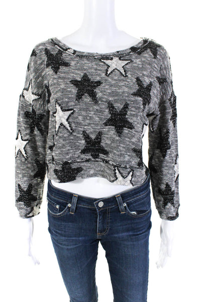 Splendid Womens CottonBlend Star Print Cropped Pullover Sweater Top Black Size S