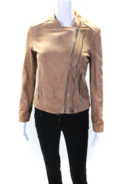 Reiss Womens Suede Long Sleeve Double Zipper Short Jacket Chestnut Brown Size 6