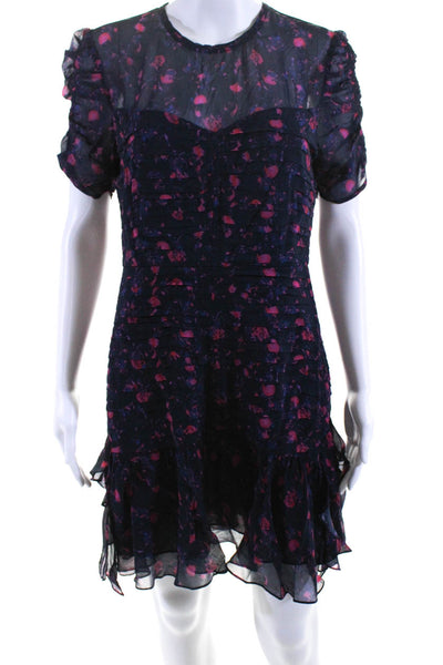 Tanya Taylor Womens Back Zip Abstract Chiffon Silk Dress Navy Blue Pink Size 6