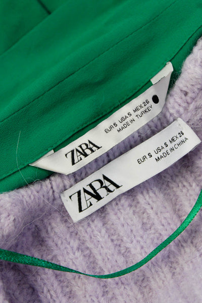 Zara Womens Tied Knot High Low Long Sleeve Crop Top Sweater Green Size S Lot 2