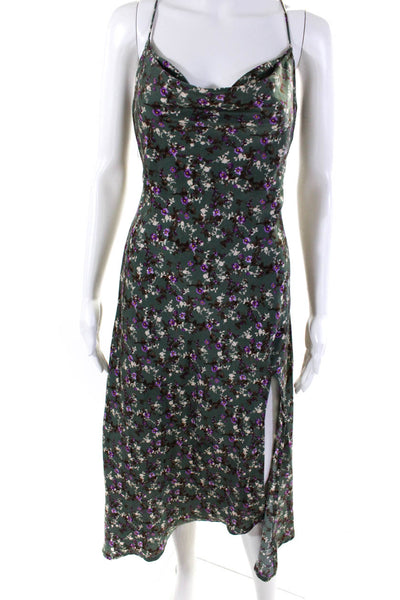 ASTR Womens Floral Print Strappy Draped Scoop Neck Side Slit Dress Green Size S
