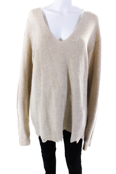 Helmut Lang Womens Wool Distress Knit Long Sleeve Pullover Sweater Beige Size XS
