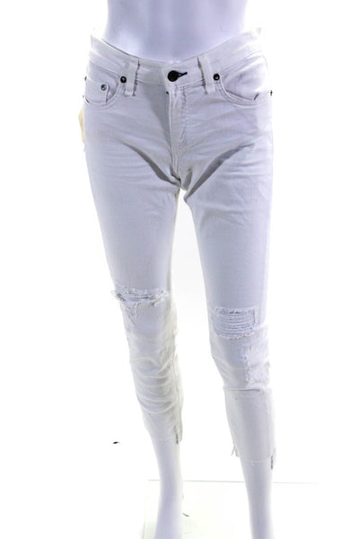 Rag & Bone Jean Womens Cotton Buttoned Fringed Hem Skinny Jeans White Size EUR26