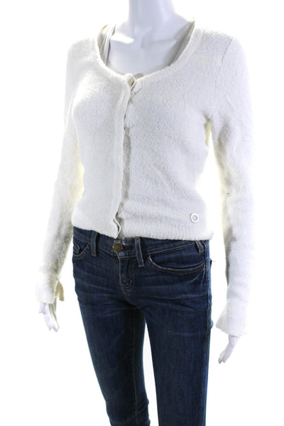 Chanel Womens Cotton Blend Round Neck Button Up Cardigan Sweater White Size 38