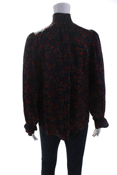 Tucker Womens Navy Red Floral Print Silk High Neck Long Sleeve Blouse Top Size S