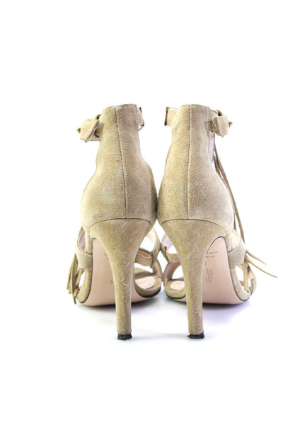 Jerome Dreyfuss Womens Taupe Suede Fringe Detail High Heels Sandals Shoes Size 8