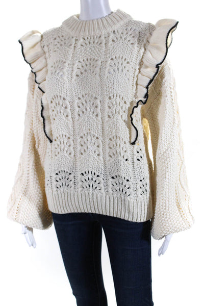 En Saison Womens Pullover Ruffled Open Knit Sweater White Black Size Small