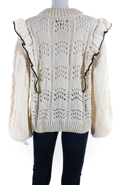 En Saison Womens Pullover Ruffled Open Knit Sweater White Black Size Small