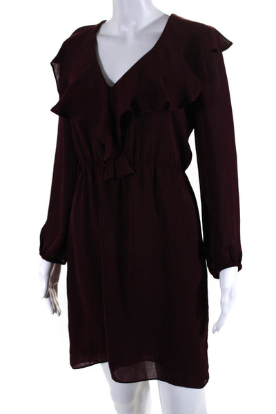 Amanda Uprichard Womens Long Sleeve Ruffled V Neck Dress Wine Red Size Petite