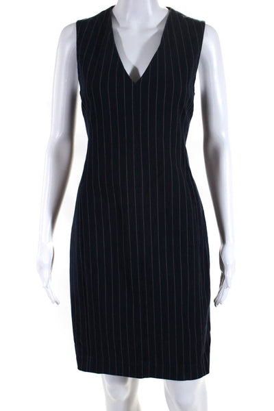Rag & Bone Womens Back Zip V Neck Vertical Striped Dress Navy Blue Cotton Size 6