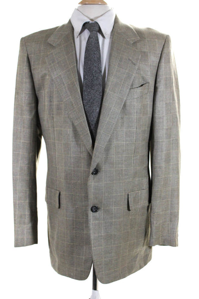 Hickey Freeman Mens Wool Blend Grid Print Two Button Suit Jacket Beige Size 42L