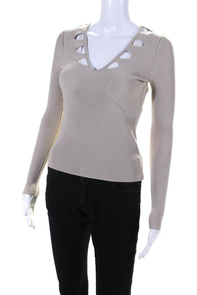 Jonathan Simkhai Womens Ribbed Cut Out V Neck Sweater Beige Size Extra Small