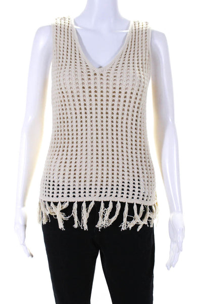 Ecru Womens Open Knit V Neck Tank Top Beige Cotton Size Extra Small