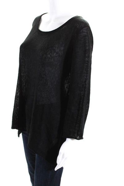 IN Cashmere Womens Scoop Neck 3/4 Sleeve Thin Knit Sweater Black Linen Large