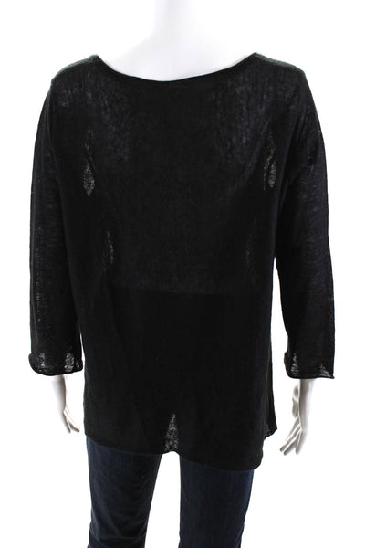 IN Cashmere Womens Scoop Neck 3/4 Sleeve Thin Knit Sweater Black Linen Large