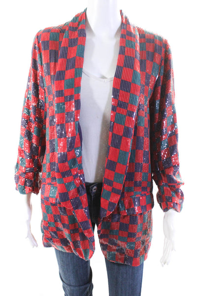 Hutch Womens Sequin Check Print Collared Open Front Blazer Jacket Red Size M