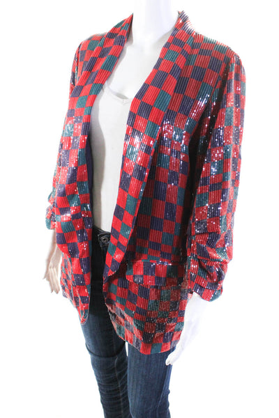 Hutch Womens Sequin Check Print Collared Open Front Blazer Jacket Red Size M