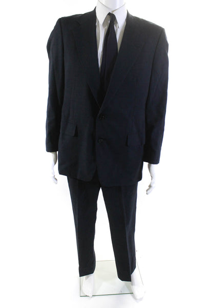 Hickey Freeman Mens Wool Two Button Blazer Pleated Front Pants Suit Blue Size 42