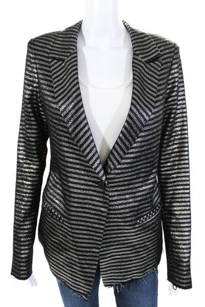 R+A Womens Striped Blazer Jacket Black Silver Metallic Cotton Size Small