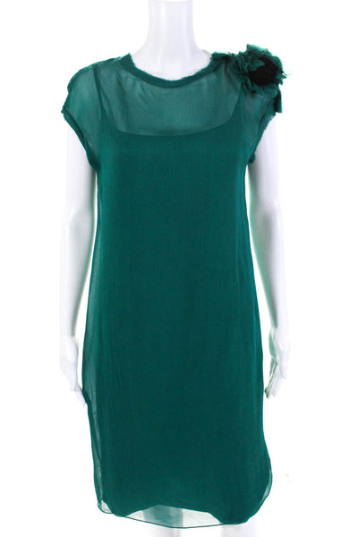 Lanvin Womens Floral Applique Sleeveless Shirt Dress Green Cotton Size Medium