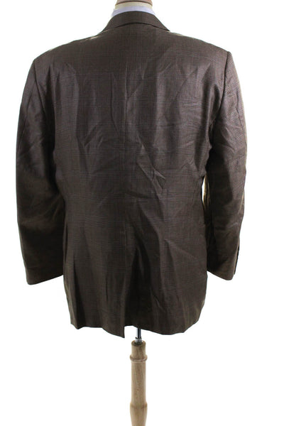 Hickey Freeman Mens Brown Silk Wool Glen Plaid Two Button Blazer Jacket Size 46R