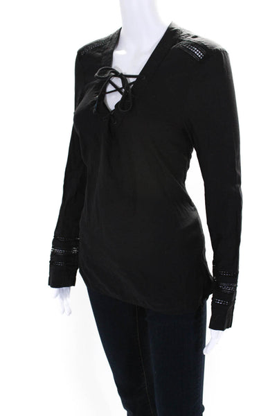AG Adriano Goldschmied Womens Cotton Lace Up Long Sleeve Blouse Top Black Size M