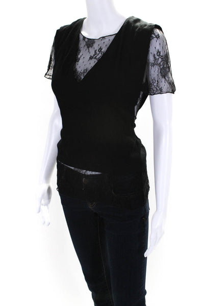 Maje Womens Lace Layered V-Neck Short Sleeve Pullover Blouse Top Black Size 2