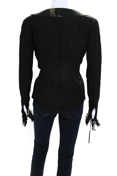 Class Roberto Cavalli Womens V-Neck Long Sleeve Lace Up Blouse Top Black Size 12