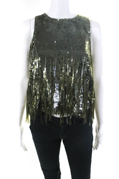 J Crew Womens Embroidered Sequin Frayed Sleeveless Pullover Blouse Green Size XS