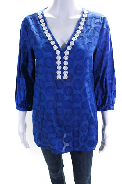 Michael Michael Kors Women's Embellished 3/4 Sleeve V Neck Top Blue Size S