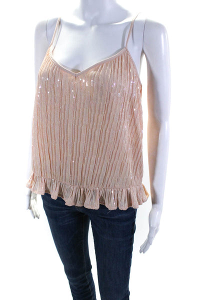 Anthropologie Women's Sequin V Neck Ruffle Hem Tank Top Pink Size 4