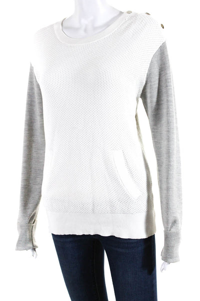 ALC Womens Pullover Pocket Fornt Crew Neck Sweater White Gray Wool Size Medium